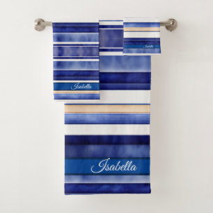 Summer Navy Blue Modern Boat Stripes Collection Bath Towel Set