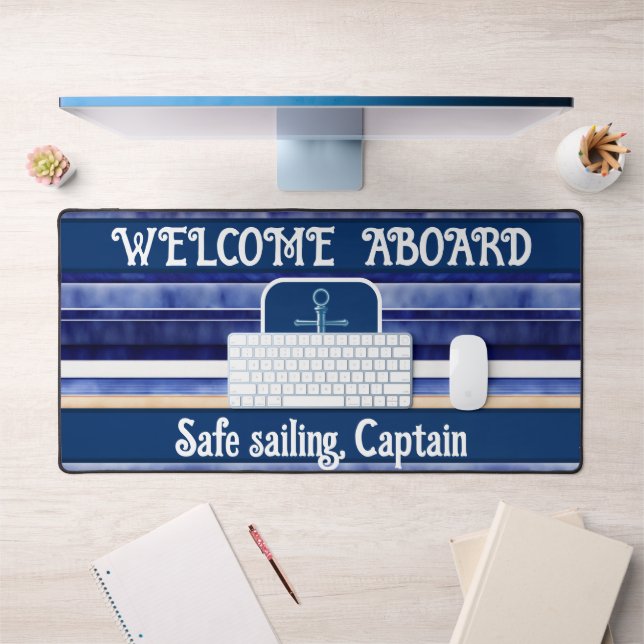 Summer Navy Blue Modern Boat Stripes Collection Desk Mat (Office 1)