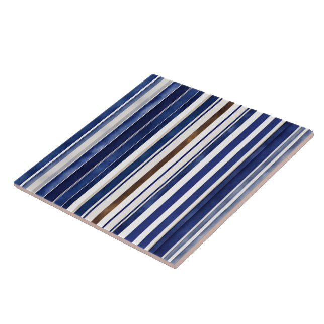 Summer Navy Blue Trendy Boat Stripes Collection Ceramic Tile (Side)