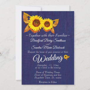 Summer Navy Blue Wood Sunflower s Rustic Wedding  Invitation