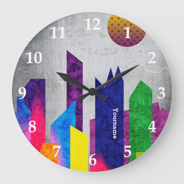 Summer Night City Colourful Trendy Flat Geometric Large Clock (Front)