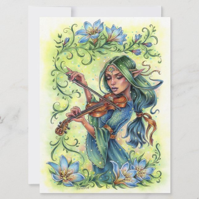 Summer Night Fiddler Fairy Elf Violin Art Card (Front)