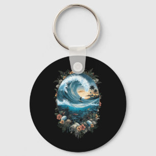 Summer Ocean Wave Surfing Tropical Beach Reef Key Ring