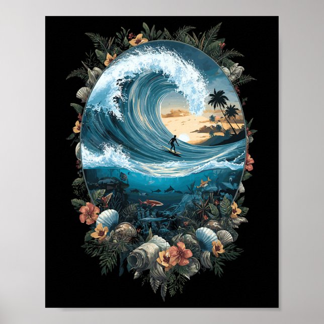 Summer Ocean Wave Surfing Tropical Beach Reef  Poster (Front)