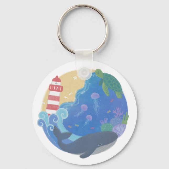Summer Ocean Whale Turtle & Lighthouse Key Ring (Front)