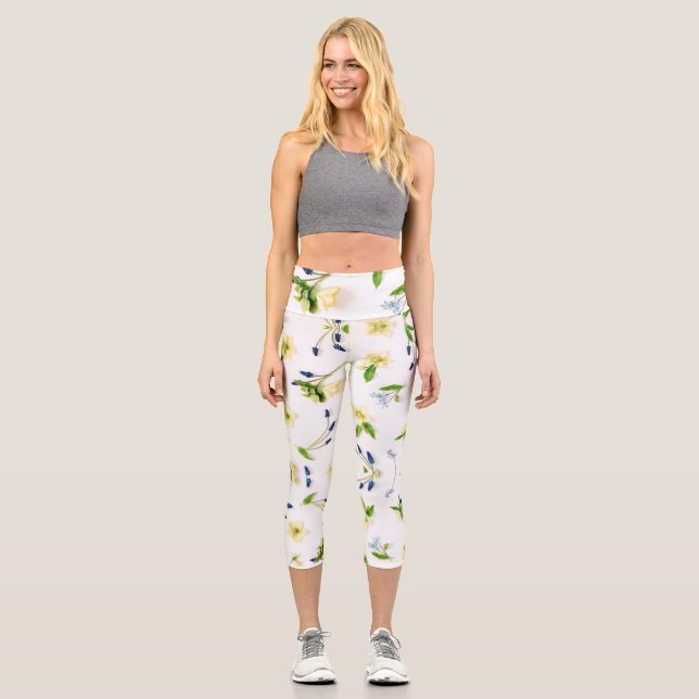Summer off-white floral pattern capri leggings (Front)