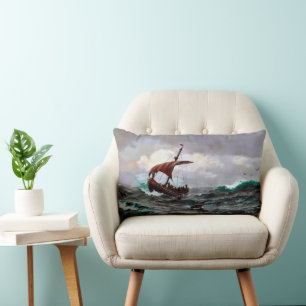 Summer on the Greenland Coast Vikings Sailing Lumbar Cushion