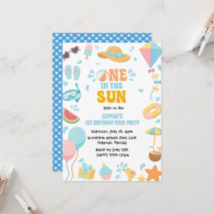 Summer One In The Sun Pool Party Girl 1st Birthday Invitation