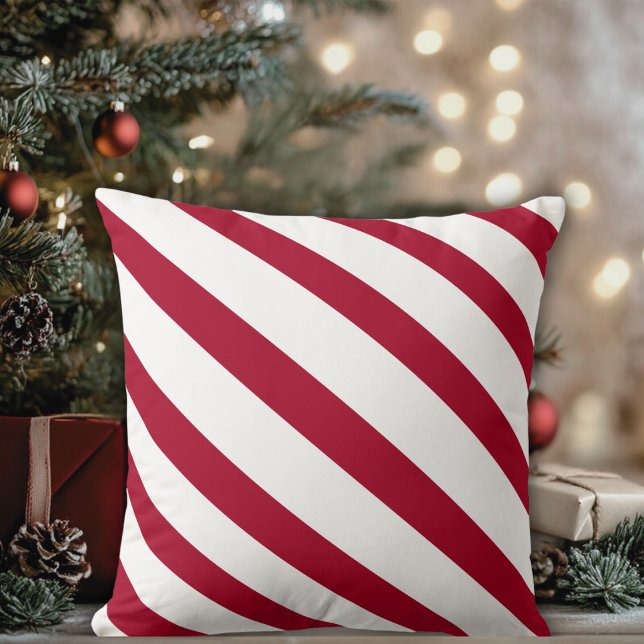 Summer or Winter Red and White Diagonal Striped Cushion (Red and White Diagonal Striped Throw Pillow)