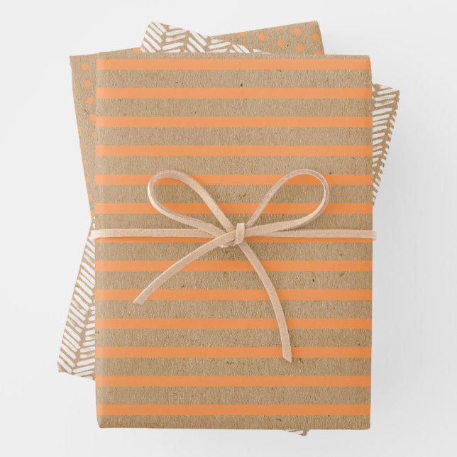 Summer Orange Lines On Faux Rustic Brown Kraft Wrapping Paper Sheet (In situ)