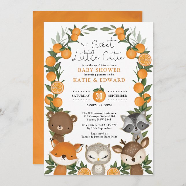 Summer Orange Woodland Animals Neutral Baby Shower Invitation (Front/Back)