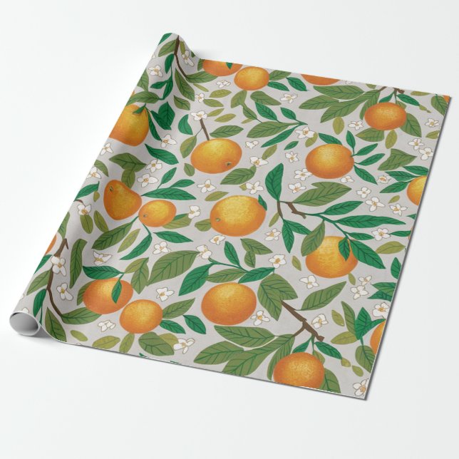 Summer Oranges Citrus Fruit Floral Pattern  Wrapping Paper (Unrolled)