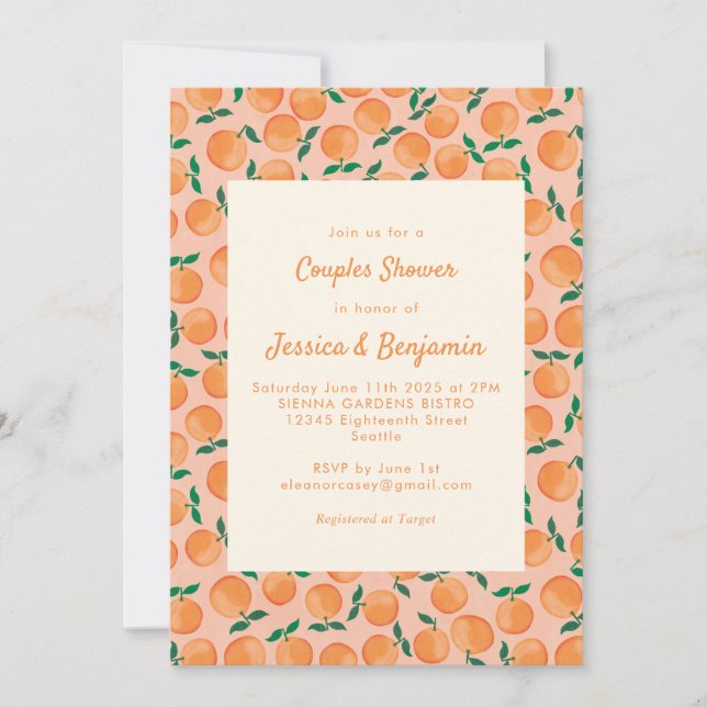 Summer Oranges Fruit Watercolor Pink Couple Shower Invitation (Front)