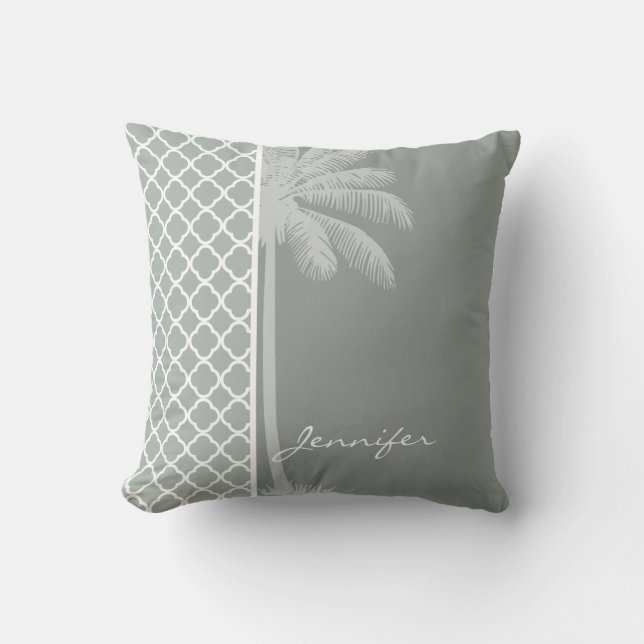 Summer Palm; Ash Grey; Grey Quatrefoil Cushion (Front)
