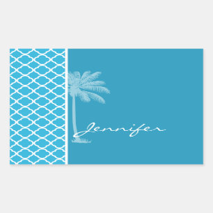 Summer Palm; Bright Cerulean Quatrefoil Rectangular Sticker