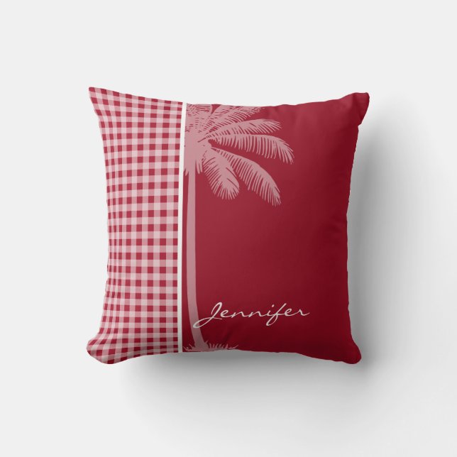Summer Palm; Carmine Red Gingham; Chequered Cushion (Front)