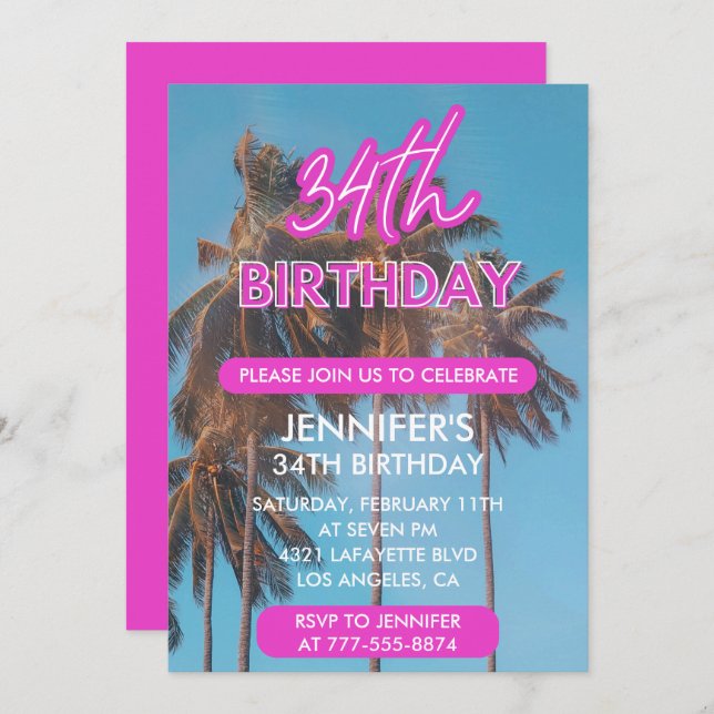 Summer Palm tree Tropical Pink 34th birthday Invitation (Front/Back)