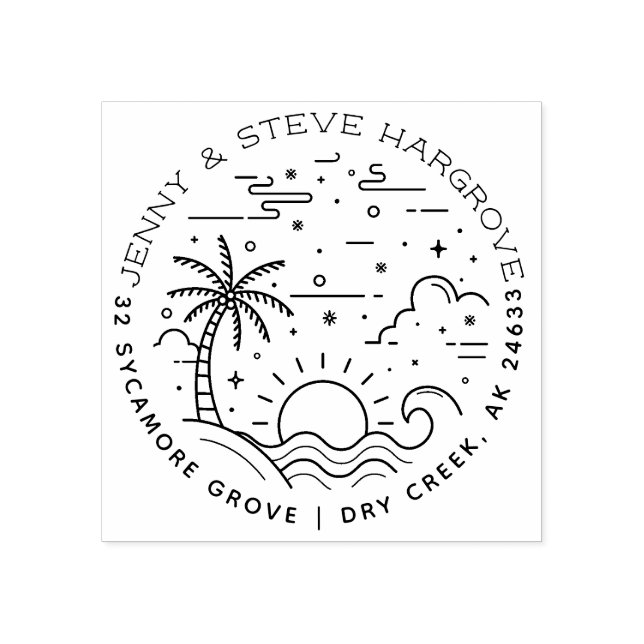 Summer Palm Trees & Sunset Beach Return Address Rubber Stamp (Imprint)