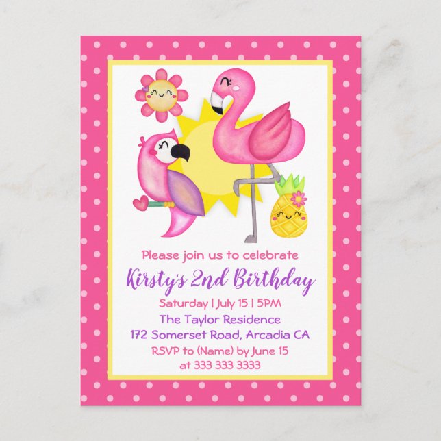 Summer Paradise Flamingo Parrot Birthday Party Postcard (Front)