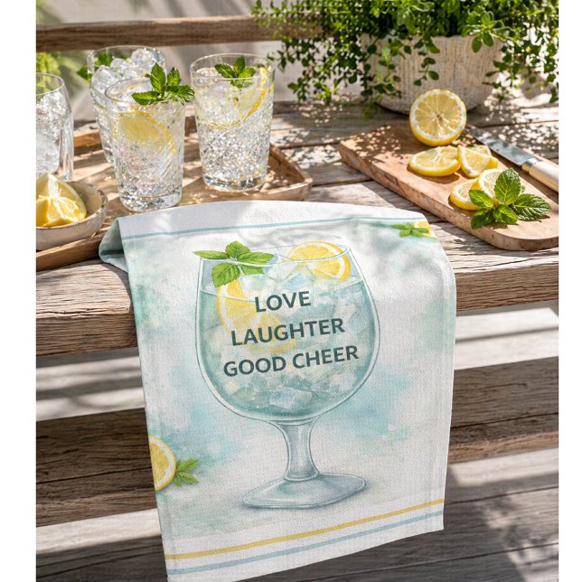 Summer Party Barware Kitchen Tea Towel (Fresh lemon & gin tea towel for summer entertaining, bar carts and relaxed coastal kitchens)