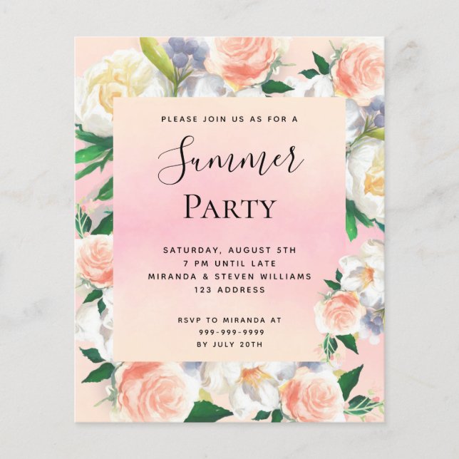 Summer party blush pink floral rose invitation (Front)