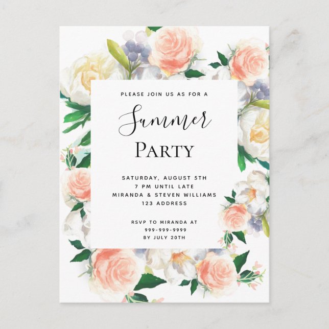Summer party blush pink florals invitation postcard (Front)