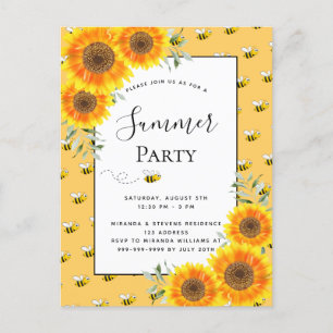 Summer party bumble bees sunflowers backyard bbq postcard