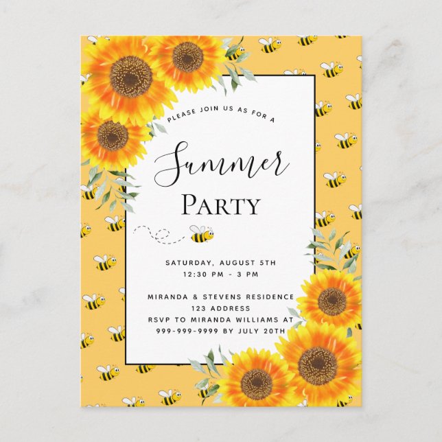 Summer party bumble bees sunflowers backyard bbq postcard (Front)