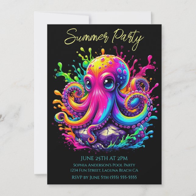 Summer Party- Colourful Octopus Splash Invitation (Front)