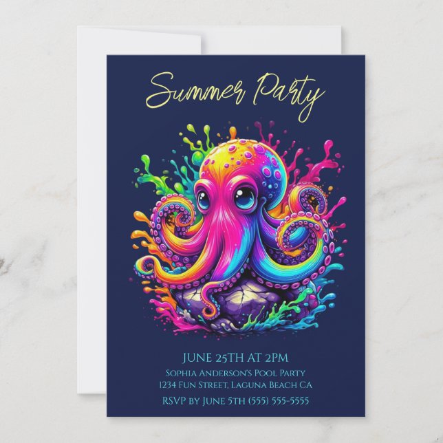 Summer Party- Colourful Octopus Splash Invitation (Front)