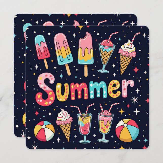 Summer Party Fun Graphics On Black Invitation (Front/Back)