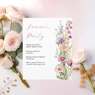 Summer party garden flowers pink purple invitation