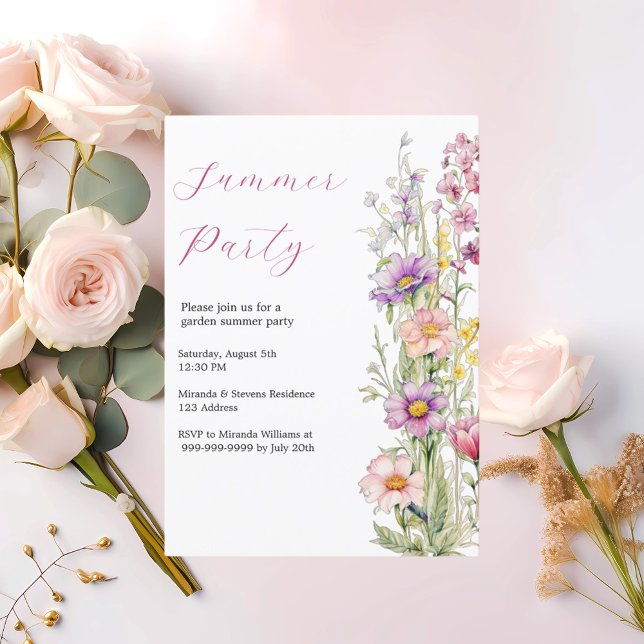 Summer party garden flowers pink purple invitation (Creator Uploaded)