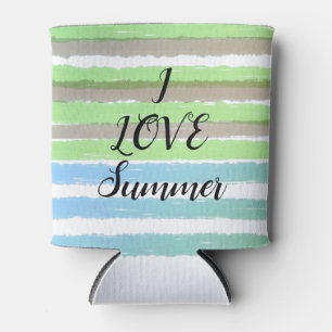 Summer Party Grey Green Blue Watercolor Stripes Can Cooler