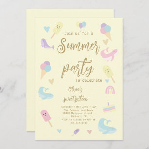 Summer Party Ice Cream Calligraphy Birthday Party Invitation