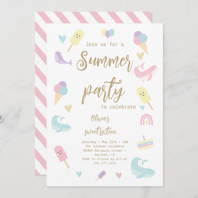 Summer Party Ice Cream Calligraphy Birthday Party Invitation (Front/Back)