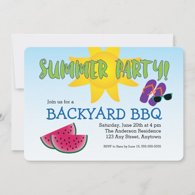 Summer Party Invitation with Watermelon & Sun (Front)