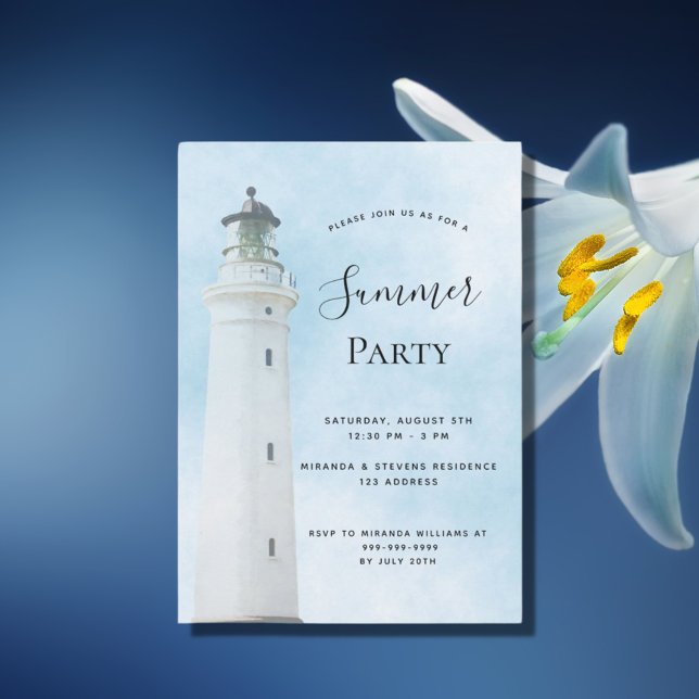 Summer party lighthouse coastal beach  blue invitation (Creator Uploaded)