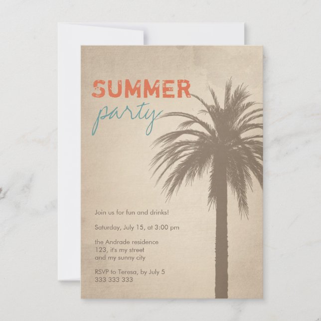 Summer Party Palm Tree Grunge Style Orange Blue Invitation (Front)