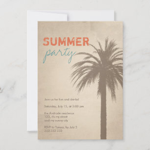 Summer Party Palm Tree Grunge Style Orange Blue Invitation