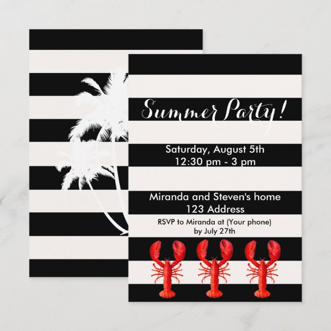 Summer party red lobsters black white invitation (Front/Back)
