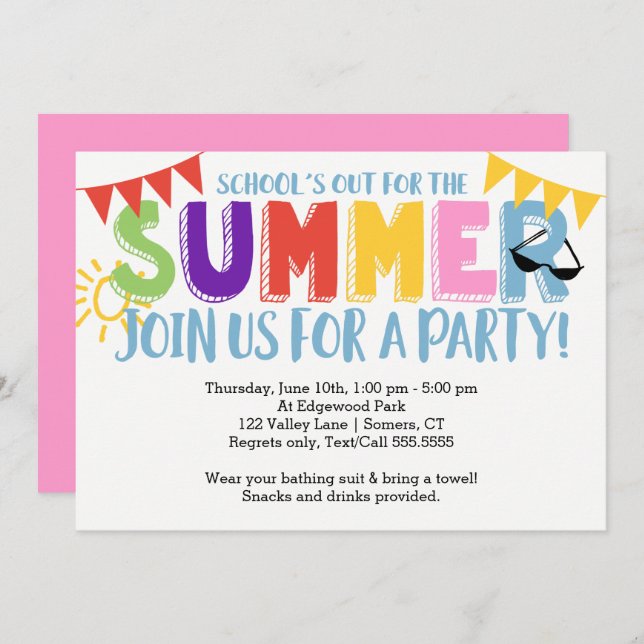 Summer Party, School's Out Bright Colours Invitation (Front/Back)
