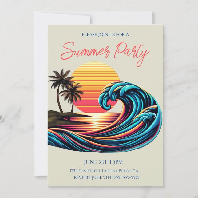 Summer Party- Sunset Retro Surf Wave Invitation (Front)
