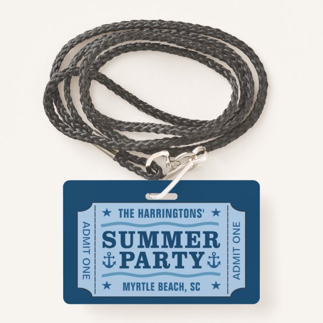 "Summer Party Ticket" custom text badges ID Badge (Front with Lanyard)