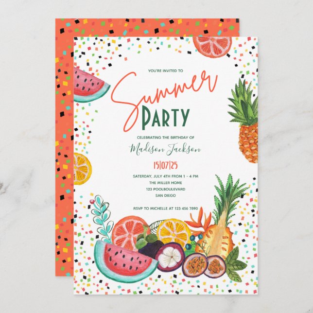 Summer party tropical fruit invitation (Front/Back)