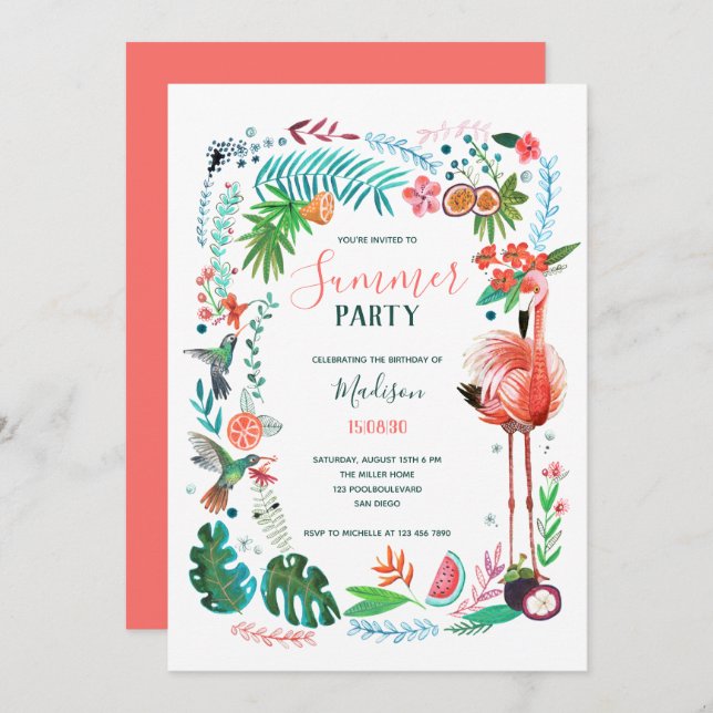 Summer party tropical pink flamingo invitation (Front/Back)