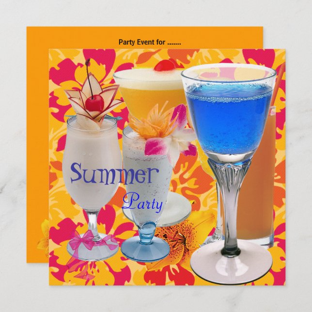 Summer Party Tropical Yellow Cocktail Drinks Blue Invitation (Front/Back)