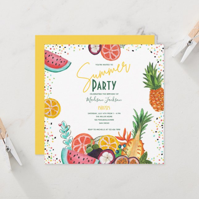 Summer party yellow tropical fruit invitation (Front/Back In Situ)
