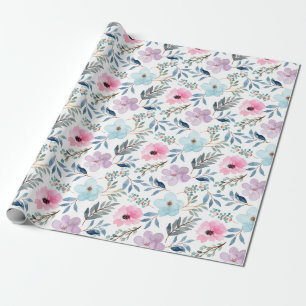 Summer Pastel Blue Watercolor Flowers Pattern  Wrapping Paper