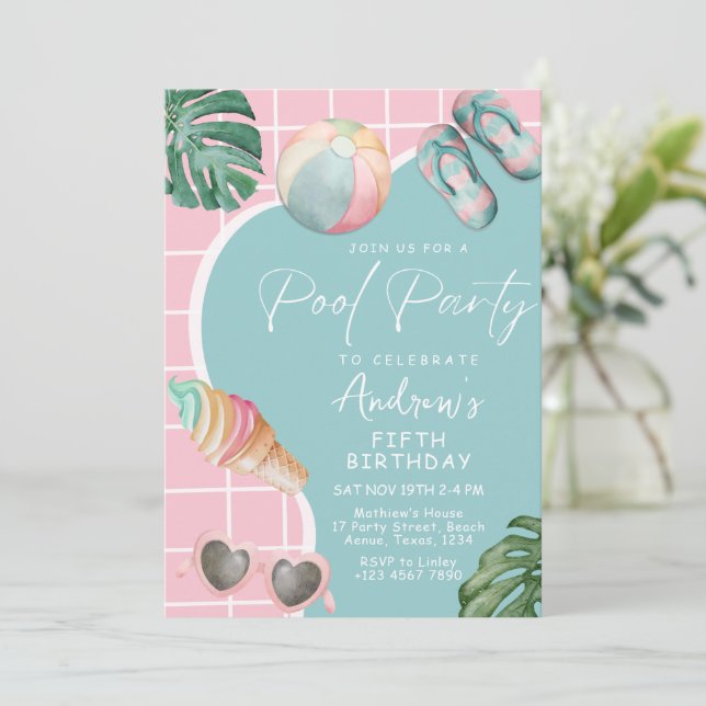 Summer Pastel Girl Pool Birthday Party Invitation (Standing Front)